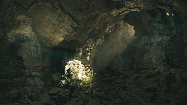 Dramatic sunbeams through cavern skylight reveal glowing floor textures in Waitomo Glowworm Caves, highcontrast composition ideal for nature photography