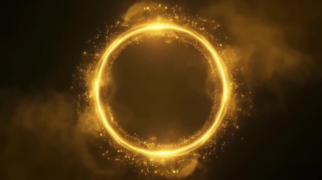 Glowing golden circular light aura with drifting smoke and soft particle glow. Warm golden
