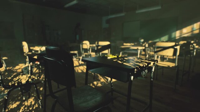 Dark sunlit classroom with empty desks, dust motes drifting through low golden light, scattered notebooks on worn chairs, metal fan casting long shadow,