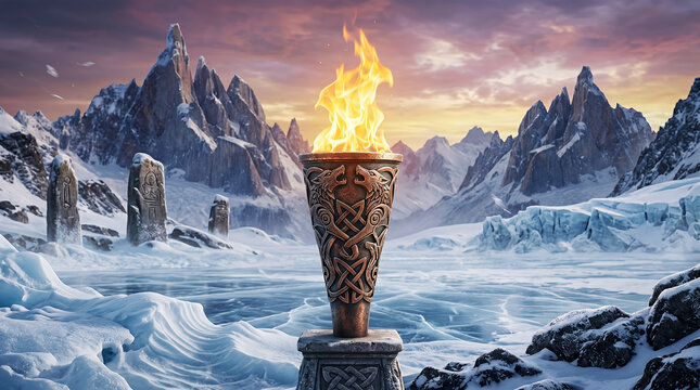 Bronze viking torch with celtic knotwork and flaming fire, standing on a stone pedestal in a snowy mountain landscape with ancient runestones