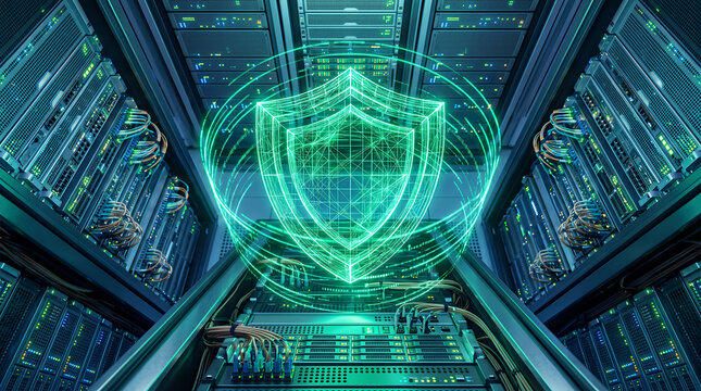 Glowing green digital shield floating above a server rack, data center cybersecurity concept with network cables and hardware