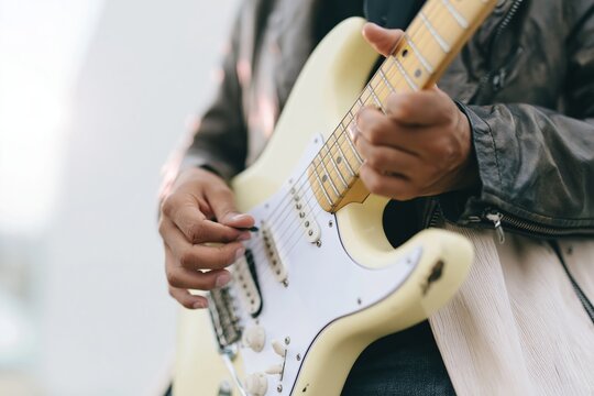 Electric guitar played by a person in a worn leather jacket with a natural and soft aesthetic for music and lifestyle branding