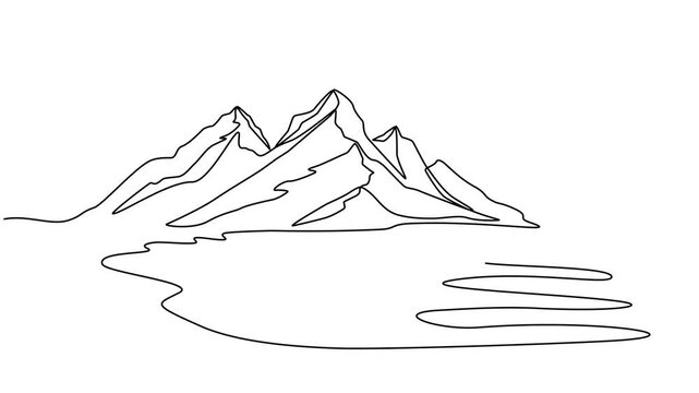 Animated video of a mountain landscape with a lake or sea. A minimalist skyline with mountain peaks in a simple single-line style. Adventure, sports, and summer vacation concepts in doodle style.