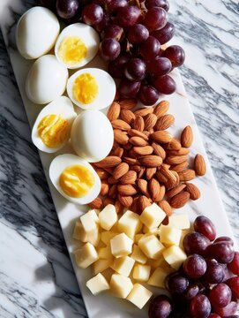 Protein snack platter with eggs grapes almonds and cheese