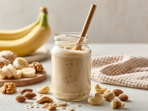 Banana smoothie in jar with nuts and oats
