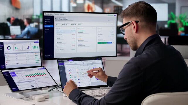 Sales Manager Reviews Commission Dashboard On Dual Laptop Screens