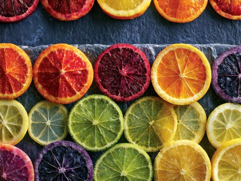 Colorful citrus slices arranged on dark stone background
