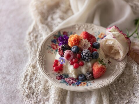 Berry topped dessert on vintage floral plate