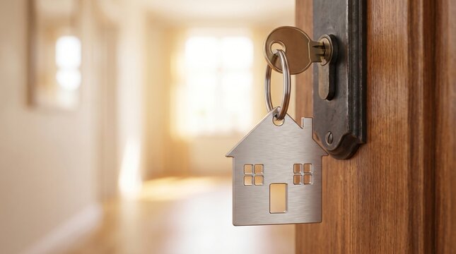 Open door to a new home with key and home shaped keychain. Mortgage, investment, real estate, property and new home concept