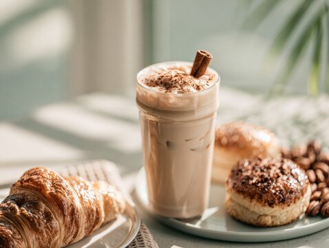Creamy iced chai with croissant and pastry on brunch table