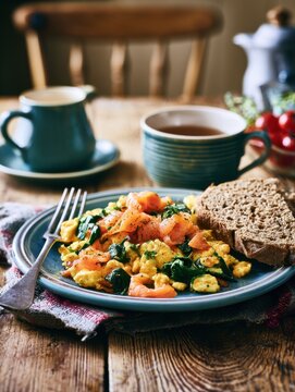 Scrambled eggs with salmon and toast on rustic table