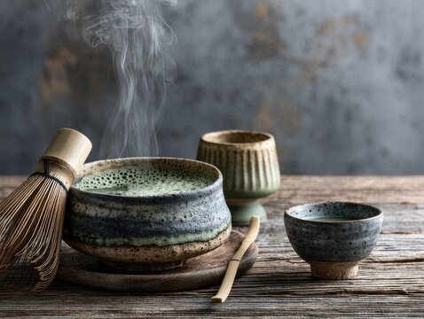 Matcha tea set with steaming bowl on wooden table