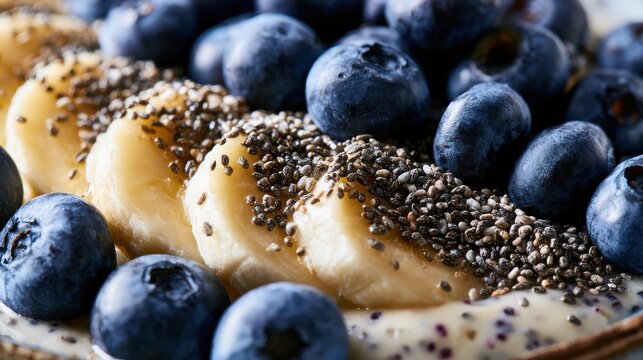 Macro smoothie bowl with blueberries banana and chia seeds