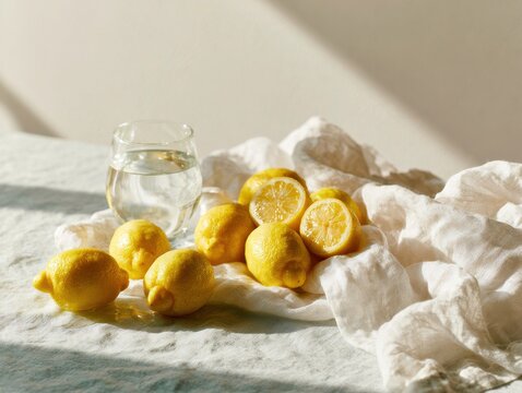 Lemons and water glass on sunlit linen cloth