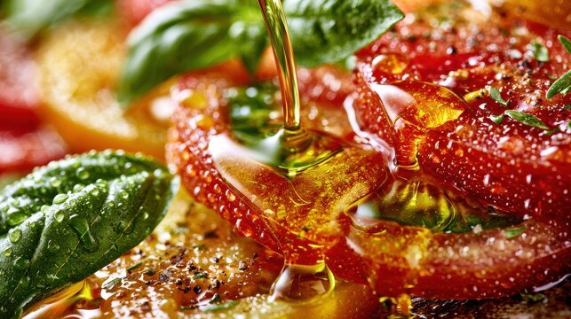 Olive oil drizzling over roasted tomatoes with basil