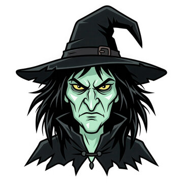 Green skinned witch with black pointed hat and angry expression illustration.