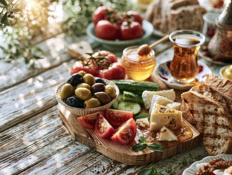 Mediterranean breakfast platter with tea on rustic table