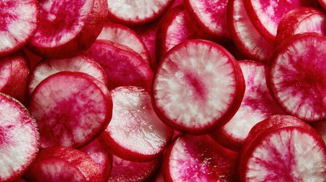 Close up of sliced red radishes for food styling