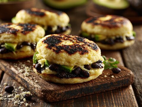 Grilled arepas with black beans and avocado on board