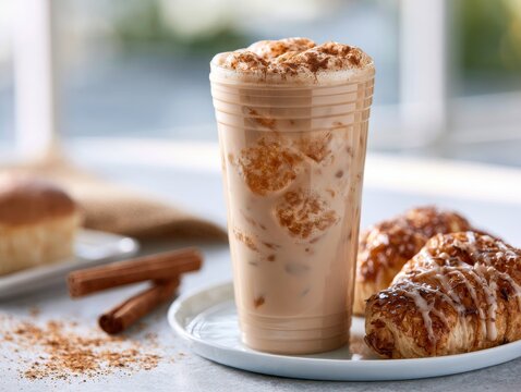 Creamy iced chai latte with pastries on brunch table