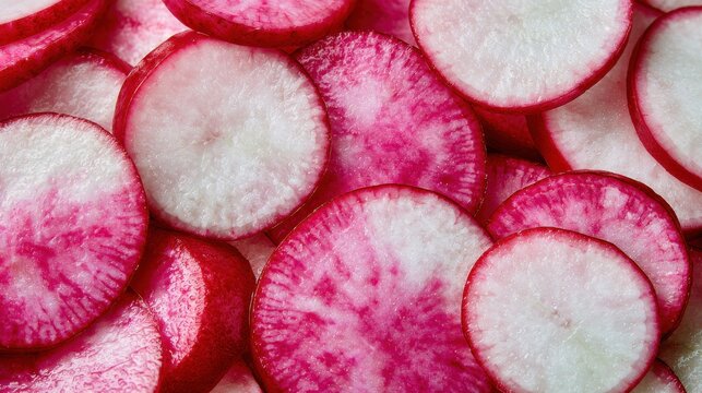 Sliced radishes arranged as a fresh food background