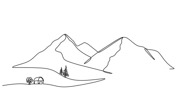 Animated video of a mountain and plantation landscape. A minimalist skyline with mountain peaks in a simple single-line style. Farming, plantation, and rural concepts in doodle style.