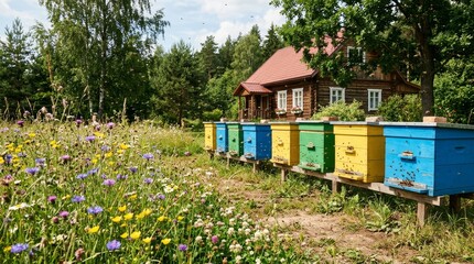 Naklejka premium Wooden beehives in a wildflower meadow near a cabin
