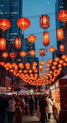 Naklejka premium Lantern-lit street pulses with vibrant energy, a captivating urban glow.