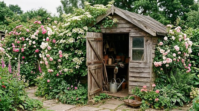 Wooden garden shed surrounded by roses