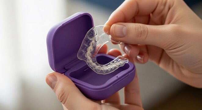 Clear Aligners: Hands Gently Place Dental Device into Purple Case