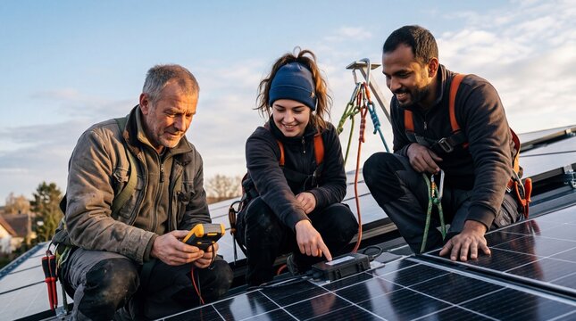 Drei Handwerker installieren gemeinsam Solarpanel auf einem Dach und pr&uuml;fen die Verkabelung