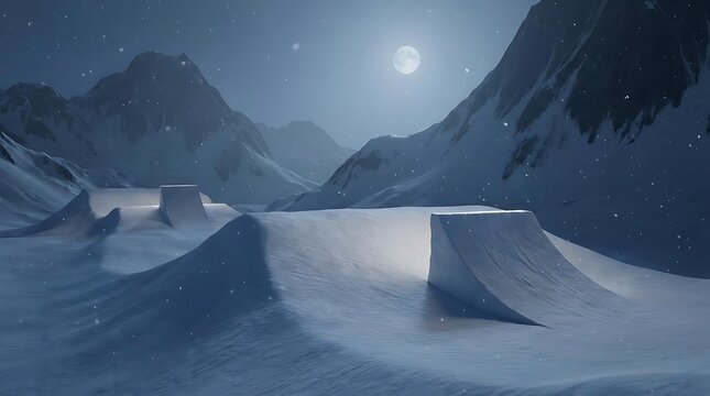 A serene night scene featuring a snowy slope stunts area with professionally groomed terrain park jumps under the glowing full moon and starlit sky