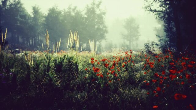 Misty poppy field in dusk red blooms scatter across dewy grass tall reeds blur into fog distant tree line silhouettes create moody cinematic scene suited