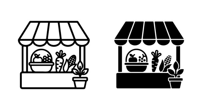 Farmers Market Stall Icons, Fresh Produce Stand Vector Graphics, Organic Food Shop Illustrations