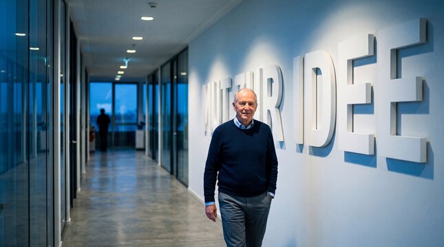 Selbstbewusster &auml;lterer Mann geht l&auml;chelnd durch B&uuml;roflur vor Wandschriftzug Mut zur Idee