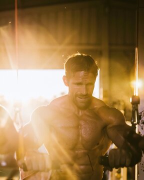 Muscular man training with a cable machine in a gym, glowing light on sweaty skin during an intense workout for fitness and bodybuilding