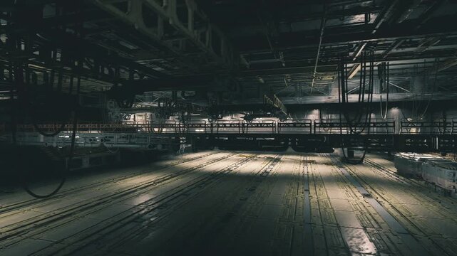 Abandoned concert hall glowing under lights, postshow silence with scattered confetti, reflective polished floor mirroring rigging, empty bleachers, moody noir