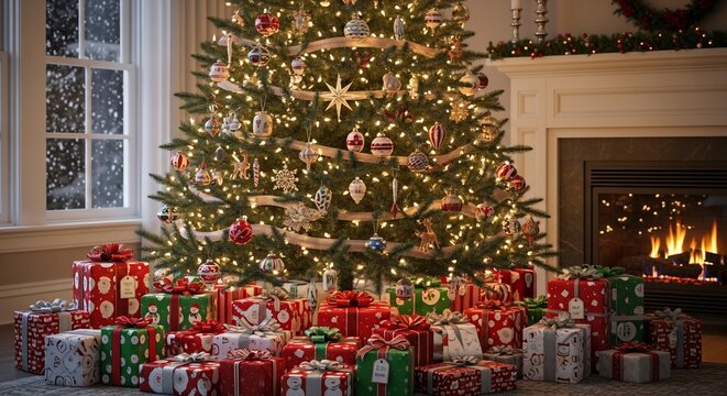 Cozy Christmas Morning: Gifts and Firelight Glow