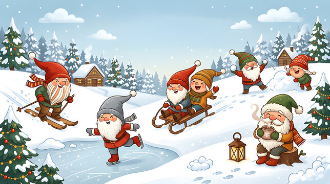 Collection of funny Christmas gnomes skiing, skating, drinking hot chocolate and playing in snow, cheerful winter activities, cute cartoon style, Scandinavian Christmas aesthetic, clean composition, 