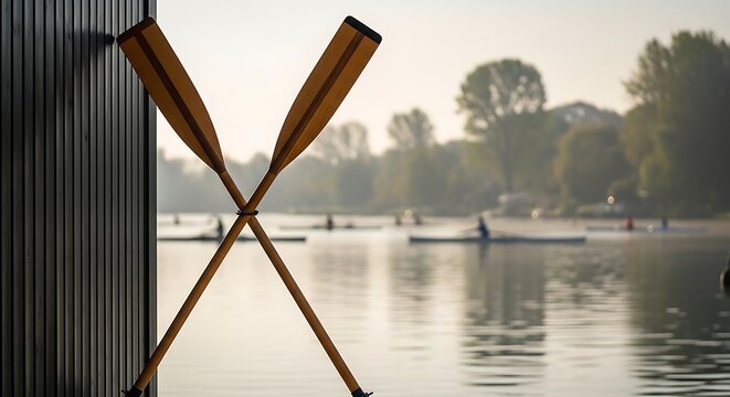 Two wooden oars crossed at the edge of a boathouse overlooking a calm river as athletes row their small boats during a peaceful sunrise training session in the early morning light on the water