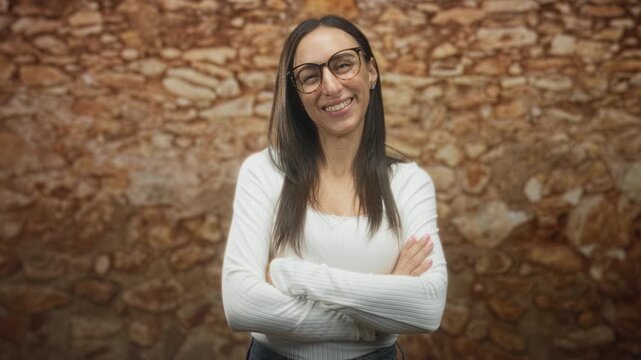 Young hispanic woman wearing glasses and a white sweater crosses arms showing hands and smiles against a textured stone wall in studio; confidence success.