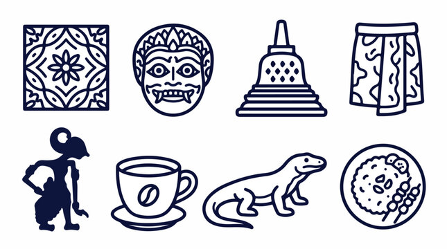 Indonesian cultural icons set, traditional heritage symbols vector collection, 8 ethnic line art illustrations including wayang and komodo dragon isolated PNG with Transparent Background