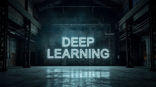Leuchtender Schriftzug Deep Learning in einer verlassenen dunklen Industriehalle