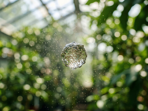 Microscopic spore floating in mid air with mist inside a botanical greenhouse