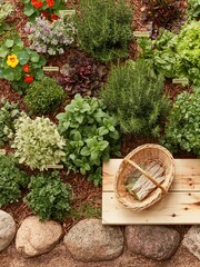 Obraz premium Lush permaculture herb garden with a wicker harvest basket and work gloves on a weathered wood plank, featuring vibrant edible flowers and organic mulch for sustainable gardening