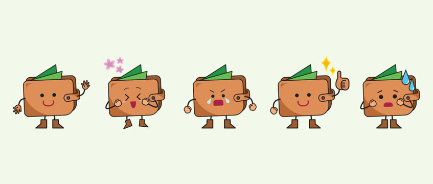 Cute five wallet mascot characters with expression and pose colorful illustration set bundle drawing.