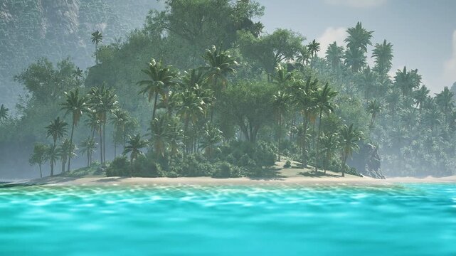 Turquoise water, mangrove canopy, sandy fringe, mist. Quiet secluded islet with dense mangrove growth, shallow clear lagoon, gentle wavelets and soft hazy light