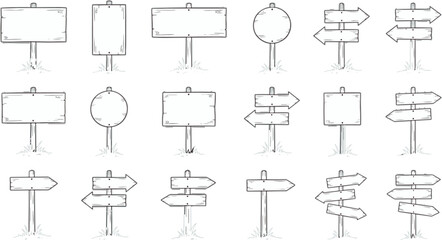Set of sketch style wooden signpost icons for direction and navigation design with signpost direction navigation pointing wayfinding handdrawn illustration collection indicator © Golzar
