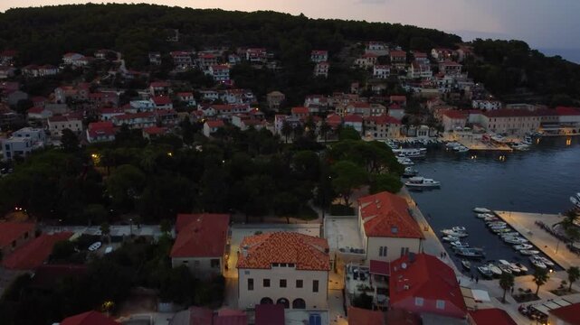 Aerial view of jelsa town on hvar island in croatia at dusk
