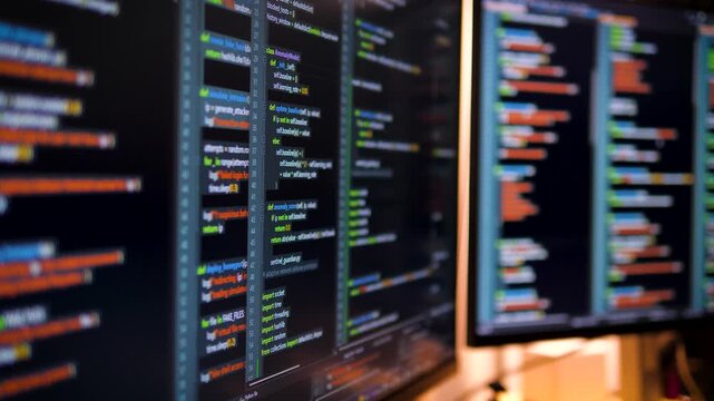 Close up computer monitors displaying fictional programming code and software development interface, technology workspace concept